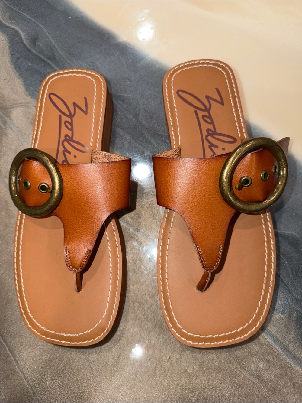 Zodiac Tan Leather Toe-Post Sandals with Decorative Buckle